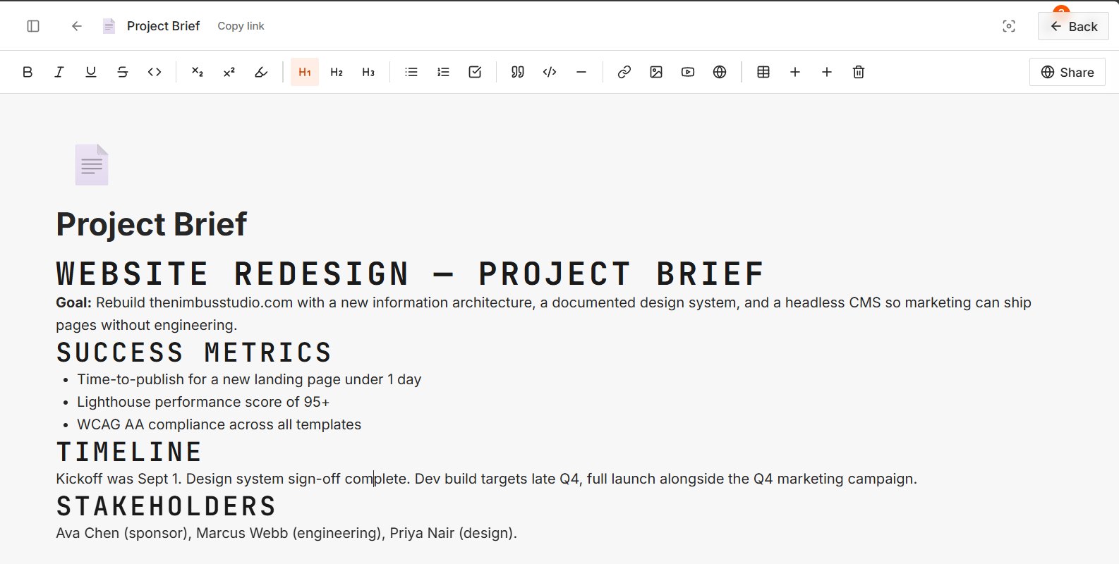 Tenon page editor showing a project brief with headings, goal, success metrics and stakeholders